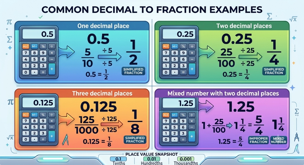 Examples of converting common decimal numbers into simplified fractions