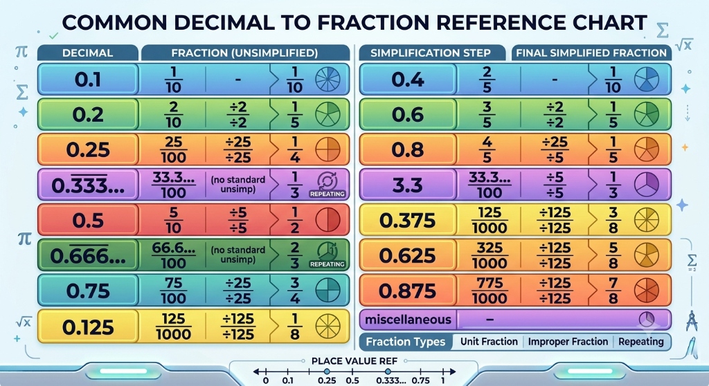 Common decimal to fraction conversion chart with simplified fraction equivalents