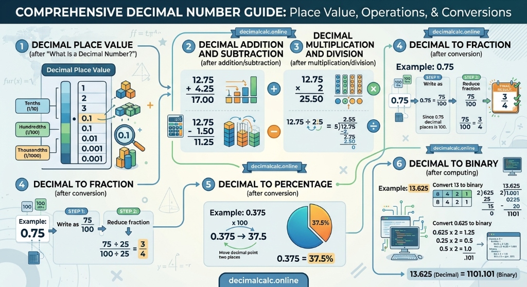 Comprehensive decimal number guide showing place values, multiplication, division and conversions