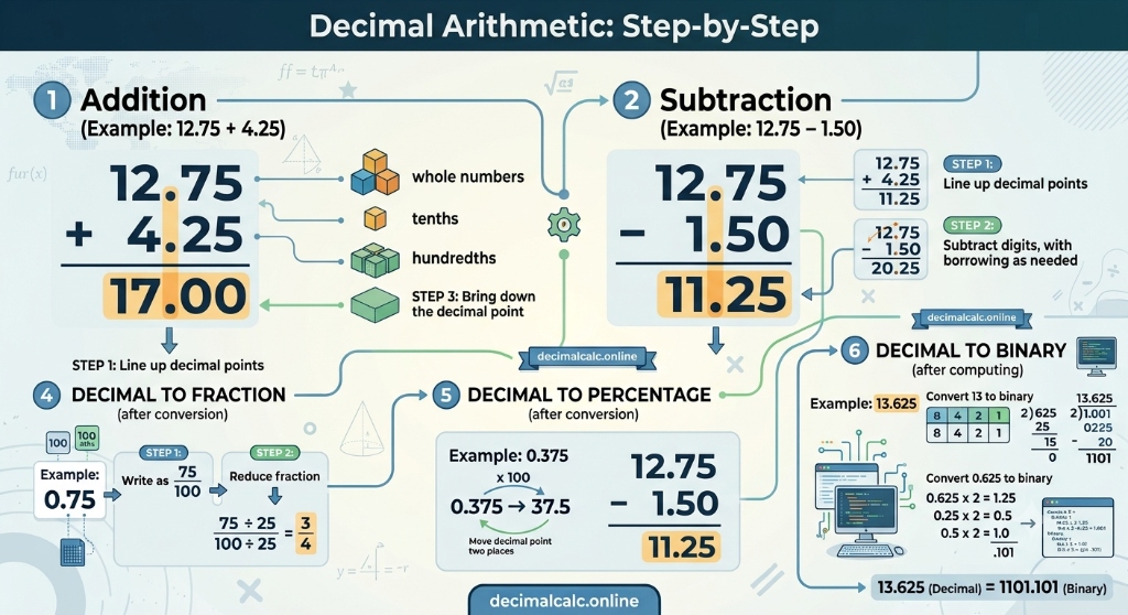 Step-by-step decimal addition and subtraction with aligned decimal points