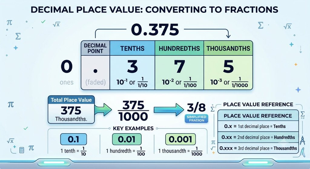 Decimal place value chart showing tenths, hundredths, and thousandths