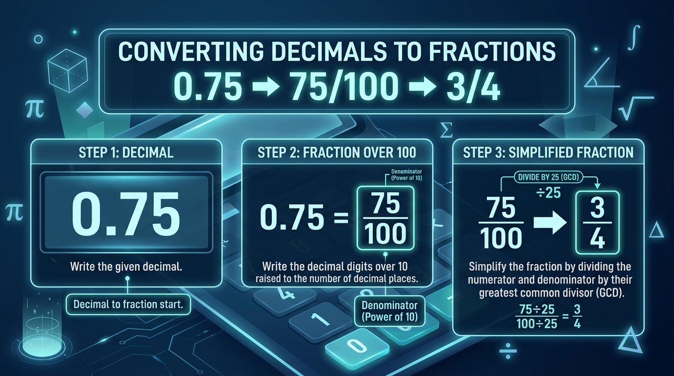 Step-by-step visual showing how to convert 0.75 decimal to the simplified fraction 3/4