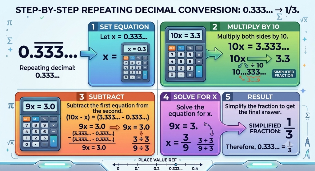 Step-by-step method for converting the repeating decimal 0.333 into the fraction 1/3