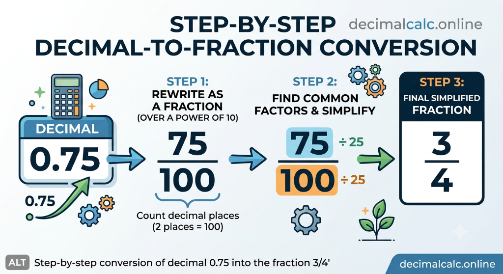 Step-by-step conversion of decimal 0.75 into the fraction 3/4