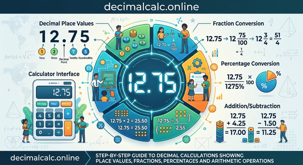 Step-by-step guide to decimal calculations showing decimal place values, fractions, percentages and arithmetic operations